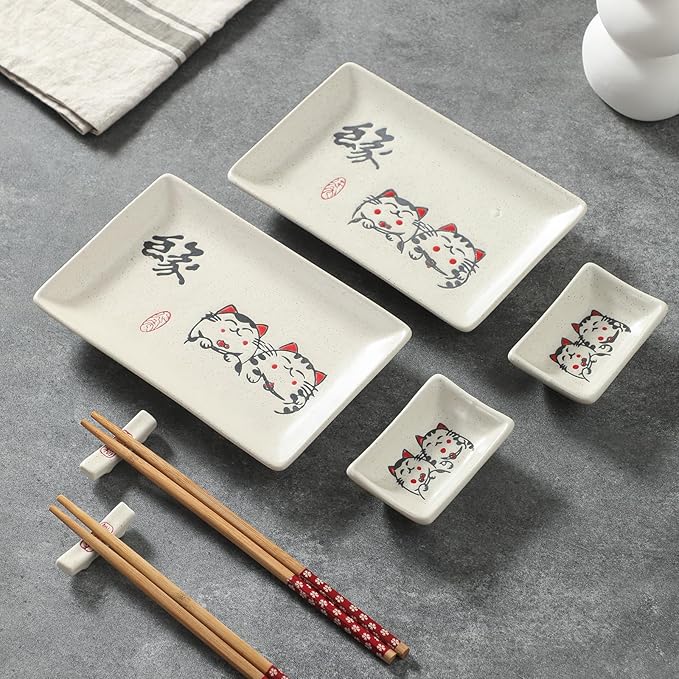 8 pcs Japanese Sushi Plate Sets Serving Platters and Trays for Entertaining Sushi Dishes Set Plates Sushi Plates Traditional Cuisine Dinnerware Sets with Chopsticks Cat