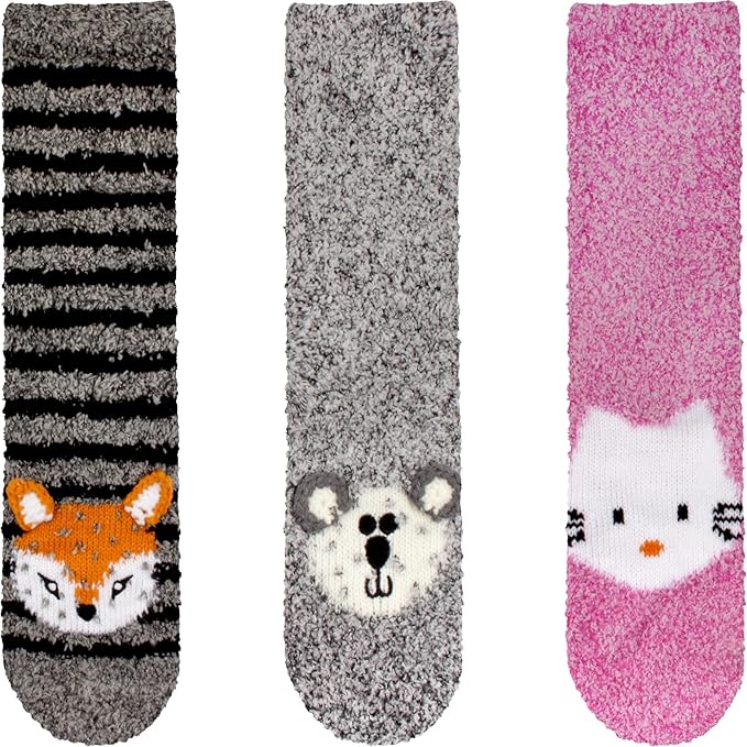 BambooMN Super Soft Warm Cute Animal Face Non-Slip Fuzzy Crew Winter Home Socks, Value Pack