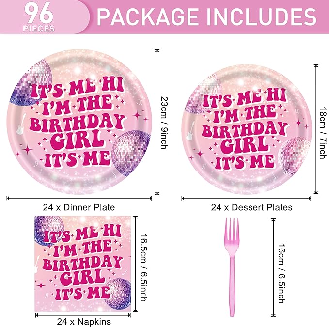 96 Pcs Birthday Plates and Napkins Party Supplies - Disposable Forks Paper Dessert Tableware Its Me Hi Im The Birthday Girl Its Me Decorations Table Dinnerware Favors Set, Serves 24