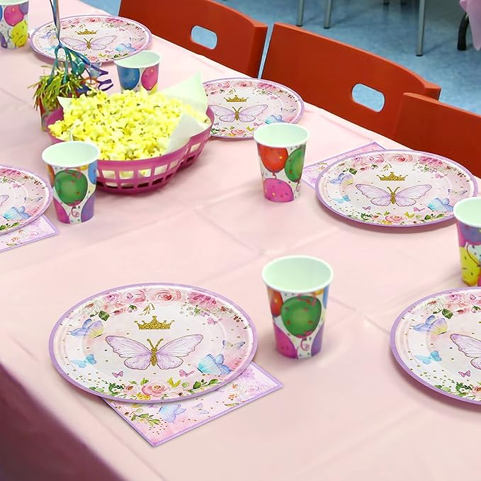 96 Pcs Butterfly Birthday Party Plates Napkins Forks Supplies Tableware Set Disposable Table Butterfly Theme Decoration for Girl Birthday Party or Baby Shower, Serves 24 Guests