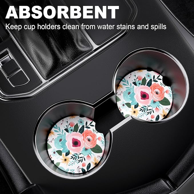2 Pack Car Cup Holder Coaster, 2.63 inch Anti Slip Insert Absorbent Ceramic Car Coaster with Cork Base and Finger Notch, Cute Car Accessories Interior for Women, Cute Car Coasters., CH0025