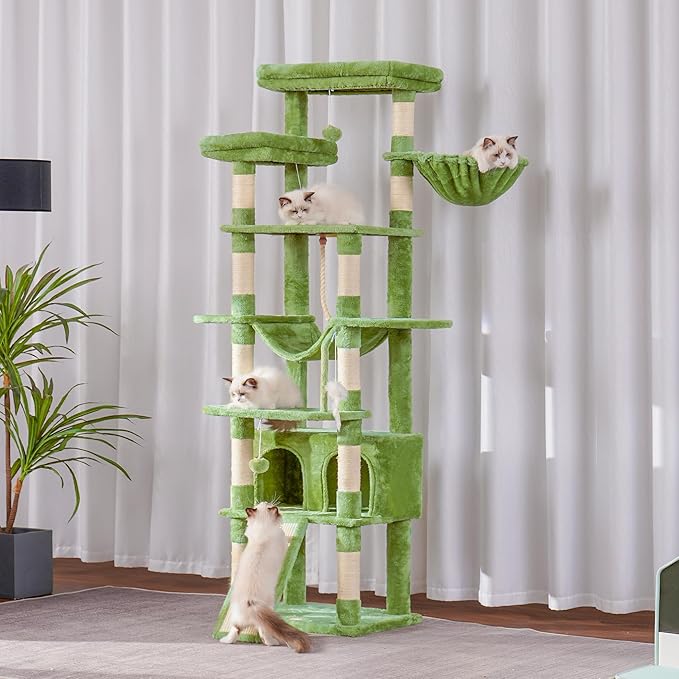Heybly Tall Cat Tree,78 inch Multi-Level Cat Tower for Indoor Cats,2 Widened Plush Perches Cat Condo with Scratching Board and Big Caves,Green HCT033GR