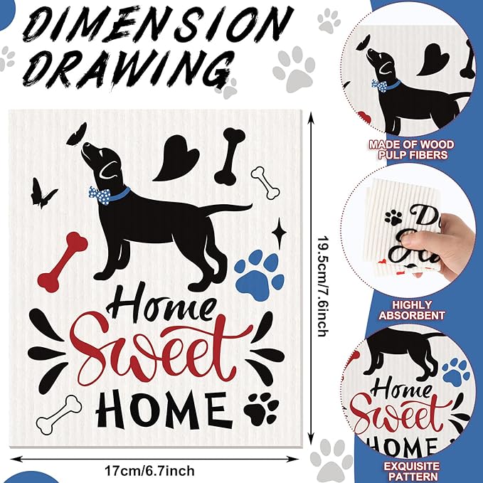 8 count Swedish Kitchen Dishcloths Towels Reusable Swedish Absorbent Sponge Cleaning Dish Cloths Quick Drying Kitchen Washable Decorative for Animal Lover Gifts for Women Hand Towel(Dog)