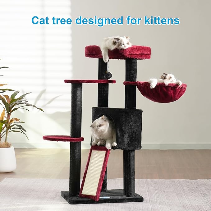 Hey-brother Gothic Cat Tree with Scratching Board, Cat Tower with Padded Plush Perch and Cozy Basket, Multi-Platform for Jump, Black and Red MPJ005BR