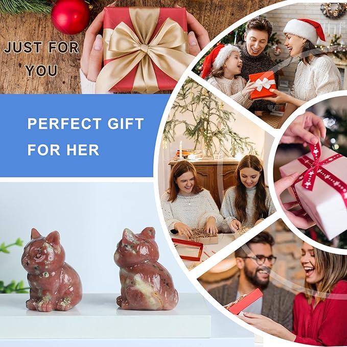 1.6 Inch Crystal Cat Statues, Plum Blossom Tourmaline Crystal Cat Figurines, Healing Crystal Kitty Figurine Decor, Cute Lucky Cat Statues for Gifts, Handcrafted Crystal Figurines for Home Ornaments