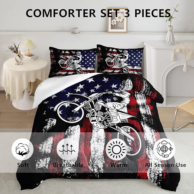 Axolotl Dirt Bike Comforter Set Twin,American Flag Bedding Set,Motocross Comforter Set,White Red Stripes Stars Comforter Set,Motorcycle Racer Comforter for Boys Kids Teens Men,1 Quilt 2 Pillowcases