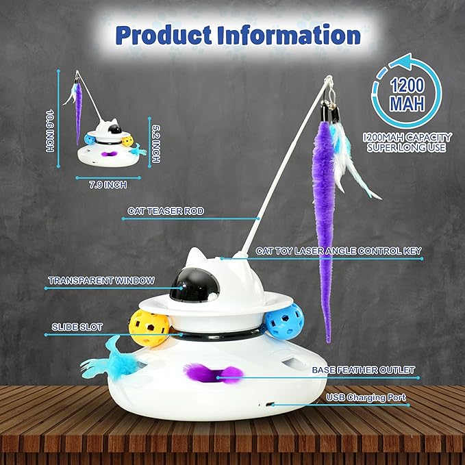 4-in-1 Interactive Cat Toy for Indoor Cats, 2024 Upgrade Automatic Cat Toy with Cat Feather Toys, Cat Teaser Toys, and Cat Ball Toy