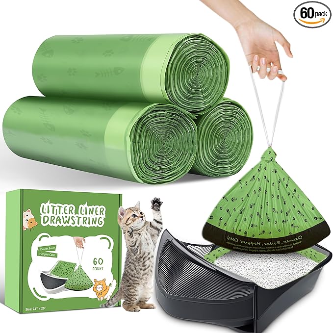 60 Counts Self Cleaning Litter Box Bags with Drawstring, Compatible with Litter-Robot 3 and 4, 24" x 29" Heavy Duty Cat Litter Box Liners Waste Bags Replacement