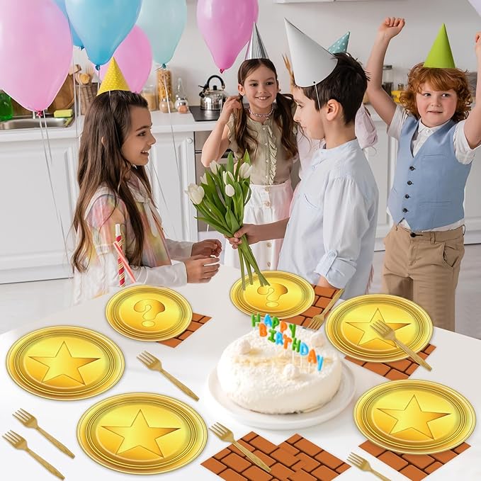 96 Pcs Super Brothers Party Supplies Game Theme Party Plates and Napkins Video Game Theme Tableware Set Decor Party Decorations for Birthday Baby Shower Party Favors for 24 Guests