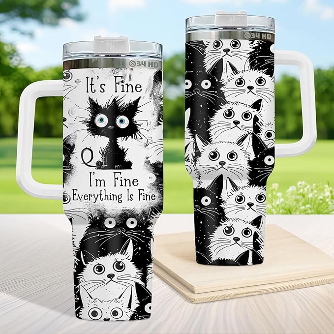 34HD Funny Black Cat Tumbler with Handle and Straw, 40oz Stainless Steel Vacuum Insulated Everything Is Fine Cup, Cat Lover Gifts for Women Birthday Mothers Day Halloween Christmas