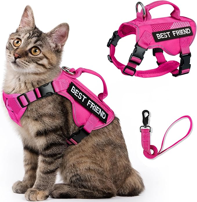 Tactical Cat Harness Leash, Air Mesh Cat Walking Vest Harness Escape Proof, Reflective Large Cat Harnesses with Handle for Adult Fat Cats (APink, XL)