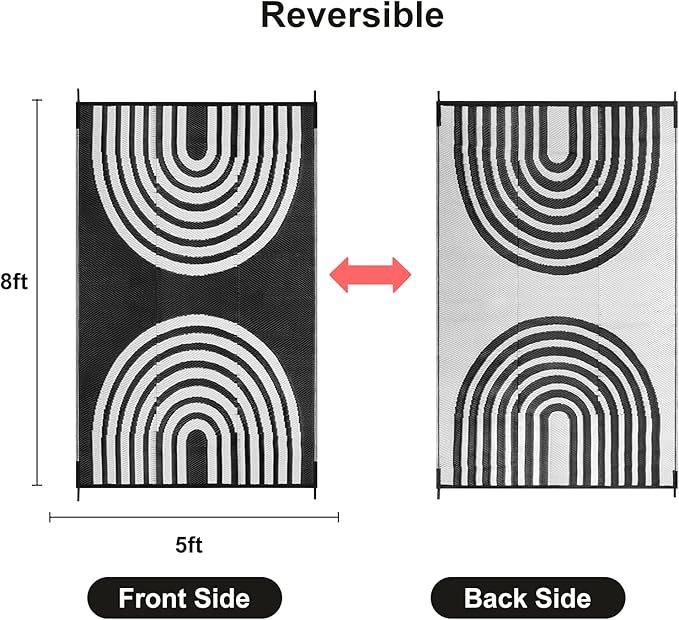 Anidaroel Outdoor Area Rug for Patio Clearance 5x8ft Waterproof, Reversible Plastic Straw Rug Outside Rug, UV Resistant RV Mat for Camping, Porch, Balcony, Pool Deck(Black&White, 5‘x8')