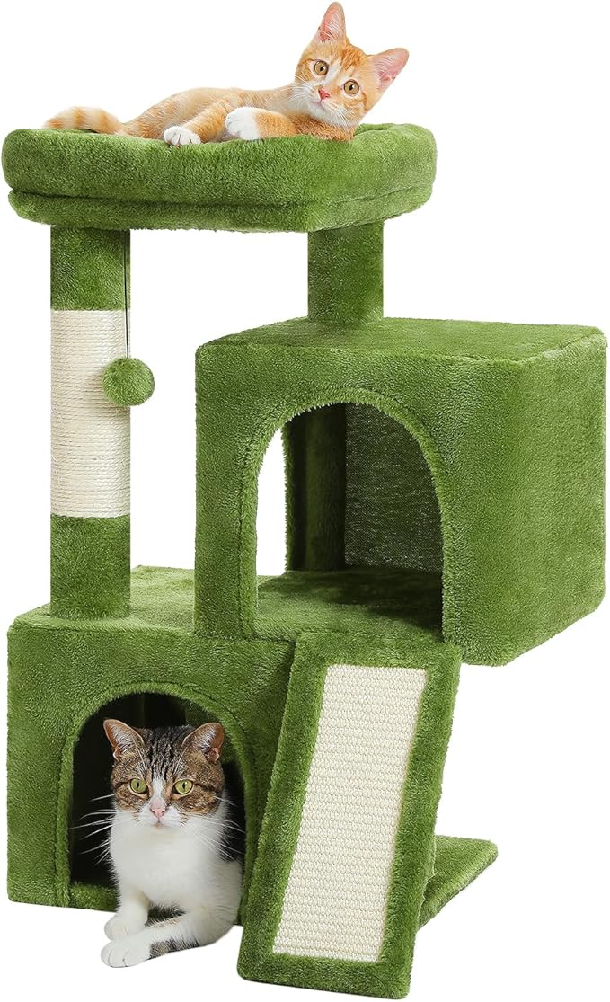 PAWZ Road Cat Tree, 30 Inches Cat Tower with Dual Condos for Indoor Cats, Plush Cat House with Padded Perch, Scratching Ramp and Posts and Replaceable Balls-Green