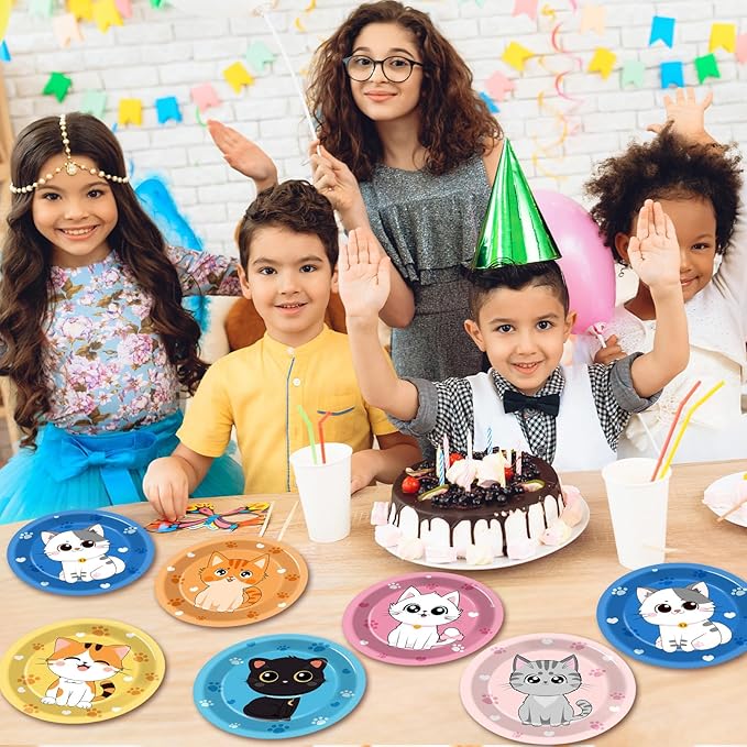 48Pcs 7" Cat Theme Party Paper Plates Kitten Dessert Birthday Supplies Kids Girls Birthday Dinner Table Decorations Cat Paw Disposable Dinnerware Plates for Baby Shower Party Favors