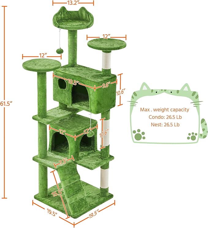 Yaheetech 62in Cat Tree Cat Tower for Indoor Cats, Cat Furniture w/Double Cat Condo, Scratching Posts, Multiple Platforms and Balls for Kittens & Cats, Green