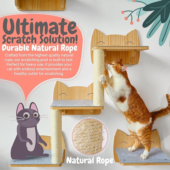 IDAE Cat Wall Shelves Set of 9, Cat Wall Furniture for Large Cats - Modern Cat Shelves and Perches, Wall Mounted Cat Climber with House, Steps, Scratcher - Natural Wood Climbing Shelf for Indoor Cats