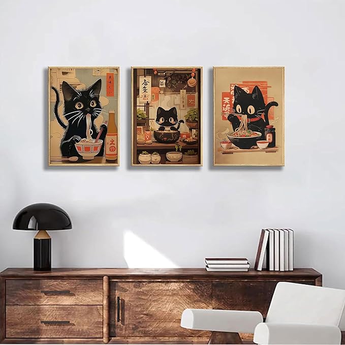 3Pcs Funny Japanese Black Cat Canvas Wall Art Vintage Animal Posters Prints Edo Period Ramen Cat Pictures Japan Quirky Cat Painting Kitchen Dining Wall Decor Animal Lover Gift 12x16in Unframed