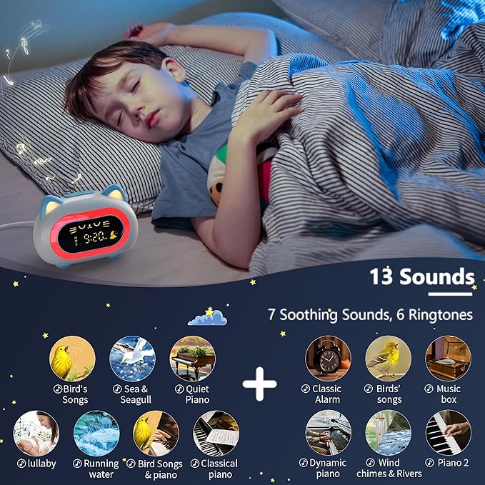 Alarm Clocks for Bedrooms, Kids Alarm Clock with Dual Alarm Snooze Mode 10 Color Night Light Sleep Training Eye Protection Auto Off Timer Blue Cat, Gift for Kids, Adults, Teens