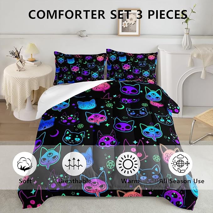 Axolotl Cat Comforter Set Full,Kawaii Trippy Cat Moon Stars Bedding Set with 1 Comforter 2 Pillowcases for Kids Boys Girls Teens Adults Room Decor All Season,Colorful Neon Trippy Bed Set