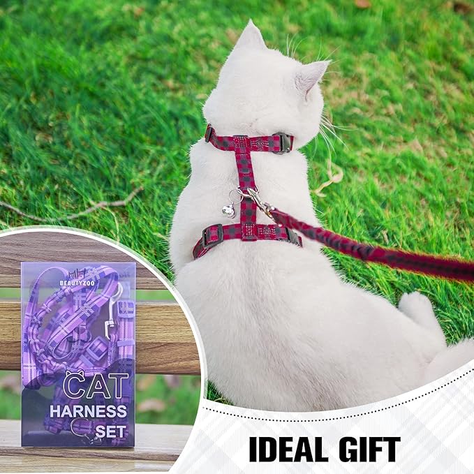 BEAUTYZOO Cat Harness and Leash Set Escape Proof for Walking, Kitten Soft Adjustable Vest Harnesses for Small Medium Large Cats, Easy Control Breathable Plaid Ribbon Nylon for Outdoor Indoor Use