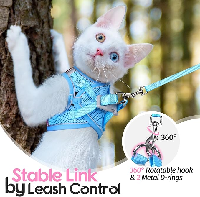 Dooradar Cat Harness and Leash Set, Escape Proof Lightweight Kitten Harness, Soft Breathable Reflective Vest for Outdoor Walking Traveling, Adjustable for Medium Cats, Pink & Blue, M