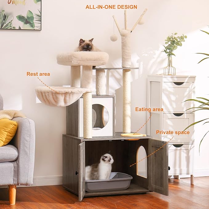 Heybly Cat Tree, Wood Litter Box Enclosure with Food Station, All-in-one Indoor Cat Furniture with Large Platform and Condo, Modern Style Cat Tower, Hammock, Rustic Brown HCT102SG