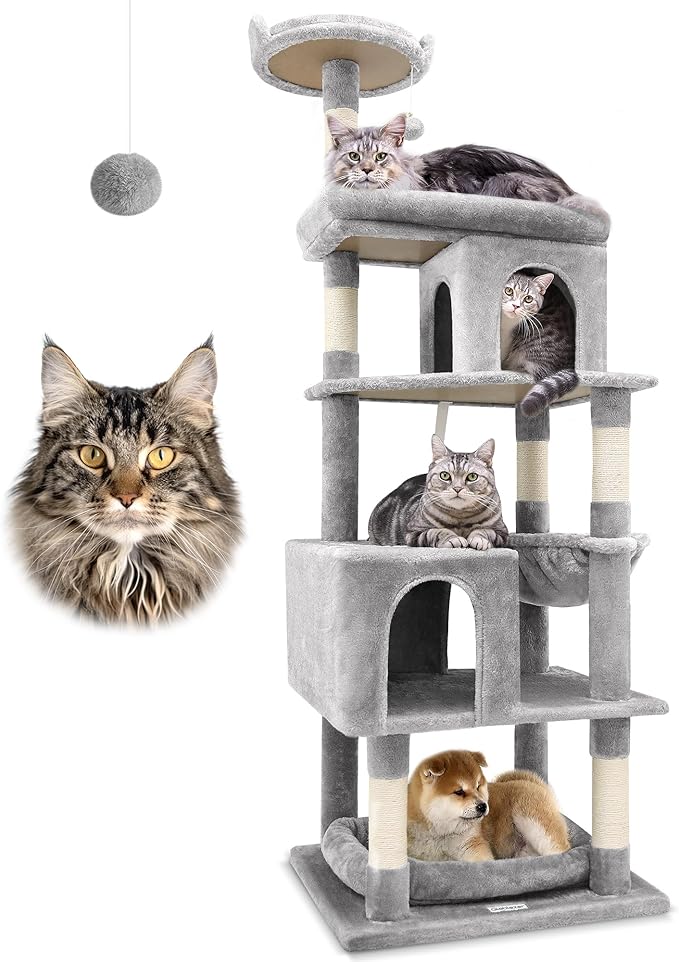 S72 Heavy Duty Cat Trees for Large Cats, Sturdy 72in Maine Coon Cat Tree for Large Cats 20 lbs+ Heavy Duty Cat Tower for Adult Biggest Cats with 6 Scratching Posts, Hammock, Light Grey