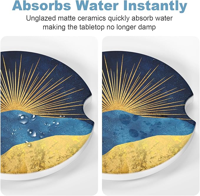 2 Pack Car Cup Holder Coaster, 2.63 inch Anti Slip Insert Absorbent Ceramic Car Coaster with Cork Base and Finger Notch, Cute Car Accessories Interior for Women, Cute Car Coasters., Rays