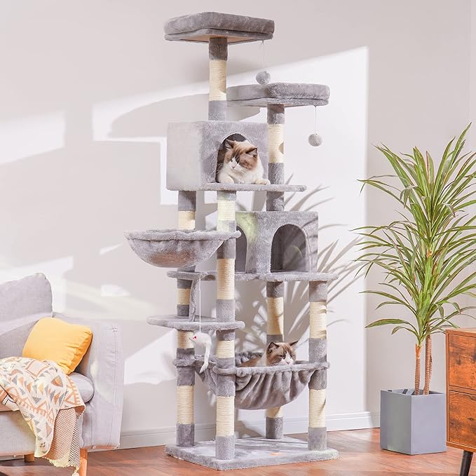 Heybly Cat Tree, 70 inches Tall Cat Tower condo with Toy for Indoor Large Cats, Cat House Furniture with Padded Plush Perch, Cozy Hammock and Sisal Scratching Posts,Light Gray HCT032W