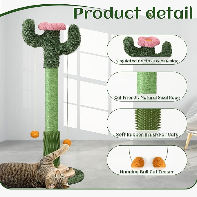 37.8" Tall Cat Scratching Post, Cactus Flower Cat Scratch Post with Natural Sisal Rope, Ball Track and Self Groomer Brush, Cute Cat Scratching Posts for Indoor Cats Adults and Kitten
