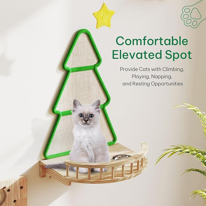 YITAHOME Christmas Solid Wood Cat Wall Shelves and Perches for Wall, Pine Wall Mounted Cat Tree 16 Piece Set, Cat Climbing Shelves with House, Mat, Christmas Tree Scratcher, Feeding Bowl for Cats