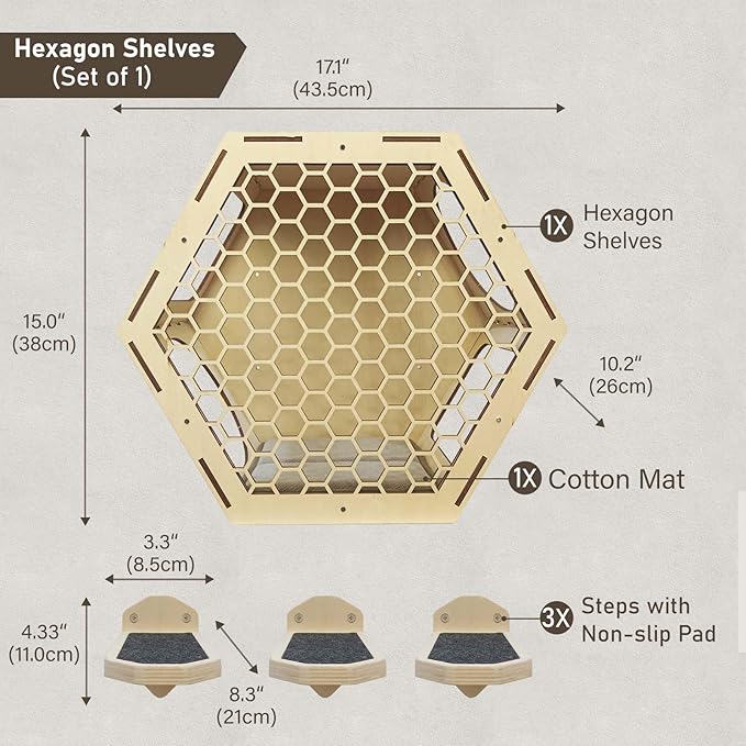 Wall Mounted Cat Shelves-Hexagon Cat Shelves and Perches for Wall Climbing-Cat Wall Furniture Set with 3 Scratching Steps and Washable Bed Mat-(Set of 1)
