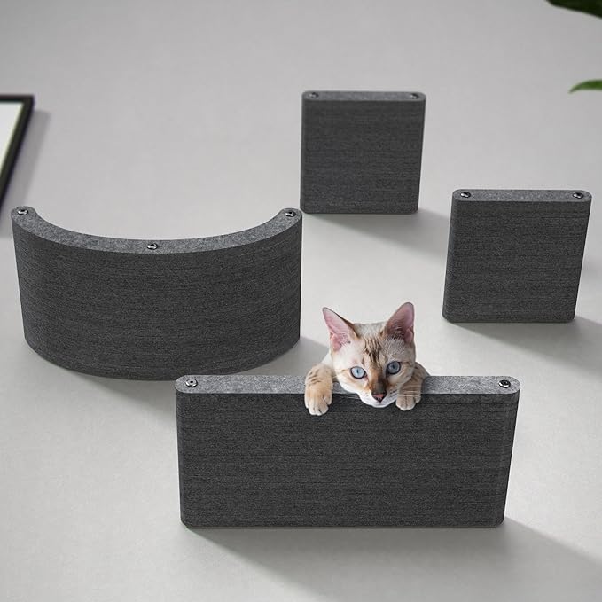 Pryde Pets Wall Mounted Cat Shelves - Set of 4 - Cat Wall Furniture to Enrich Your Feline. Modular and Modern Designed Cat Furniture for Indoor Cats (Charcoal)
