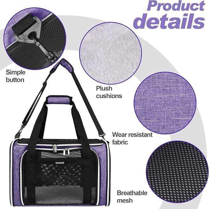 BAGLHER Pet Travel Carrier, Cat Carriers Dog Carrier for Small Medium Cats Dogs Puppies, Airline Approved Small Dog Carrier Soft Sided, Collapsible Puppy Carrier. Purple