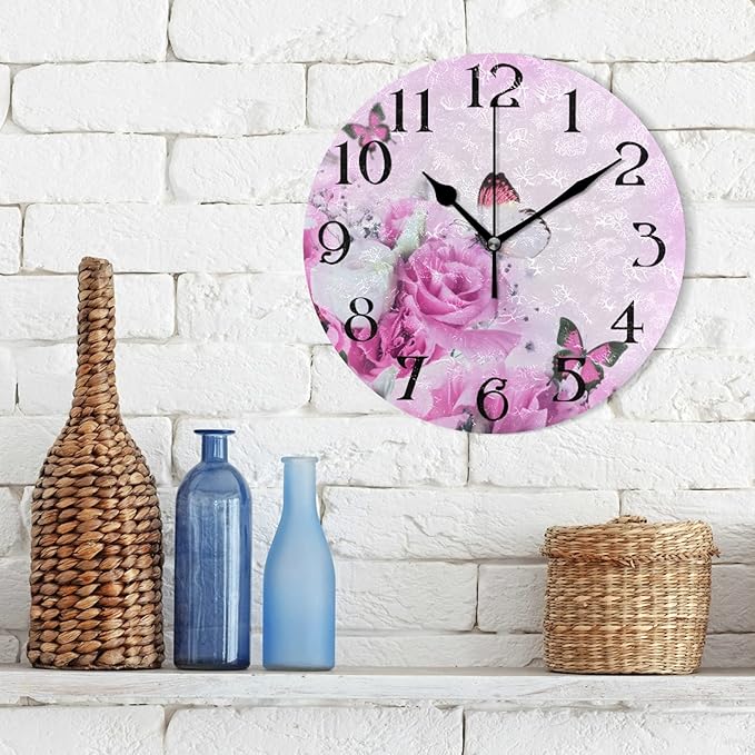 ALAZA Pink Wall Clock Butterfly Clocks Wall Rose Flower Bathroom Clock Battery Operated Non Ticking Silent Clocks Round Clock Living Room Decorative Clock