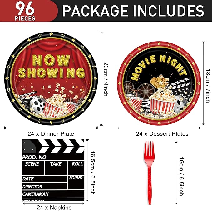 96 Pcs Movie Theme Party Plates Napkins Forks Decorations Tableware Set Supplies Disposable Paper Movie Night Popcorn Projection Tape Favors, Serves 24 Guests