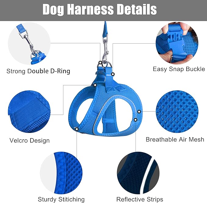 PetiFine Extra Small Step in Dog Harness and Leash Set, Cat Harness and Leash Escape Proof, All Weather Mesh Reflective, Step-in Velcro Air Vest Harnesses for Puppy(XXXS, Blue)
