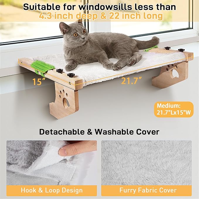 Cat Sill Window Perch Sturdy Cat Hammock Window Seat with Cat Self Groomer,Wood & Metal Frame for Large Cats,Easy to Adjust Cat Bed for Windowsill,Bedside