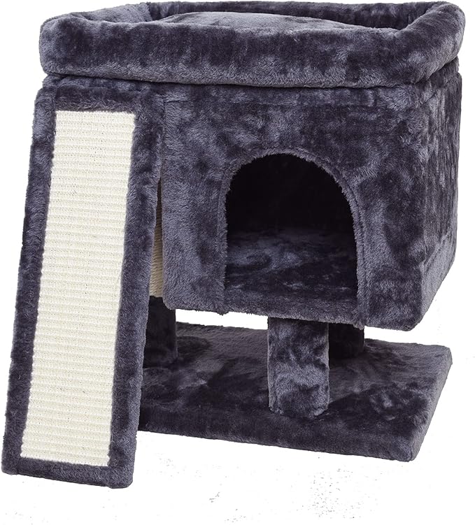 SYANDLVY Small Cat Tree for Indoor Cats Large Adult, Cat Tower with Scratching Post, Modern Cat House with Padded Perch, Kittens Condo with Board, Cat Cave (Smoky Grey)