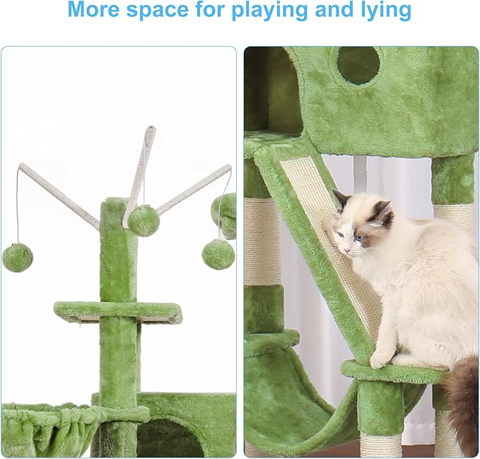 Hey-brother Cat Tree, 61 inch Cat Tower for Indoor Cats, Cat House with Padded Platform Bed, Toy Balls, Large Cozy Condo, Hammocks and Sisal Scratching Posts, Green MPJ019GR