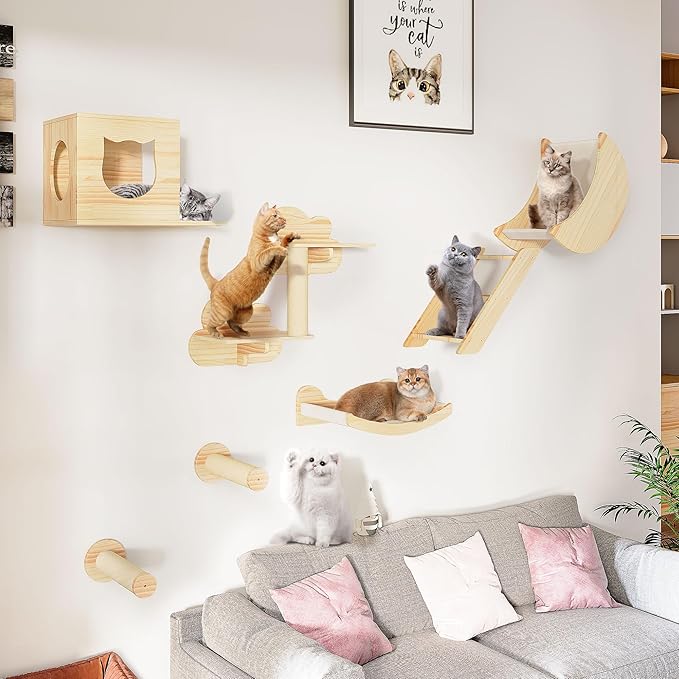 DWVO Cat Wall Shelves and Perches for Wall, Solid Wood Wall Mounted Cat Furniture, Set of 9 Cat Climbing Shelves with Moon Cat Wall House, Cat Wall Steps, Ladder, Scratching Post, Cat Hammock