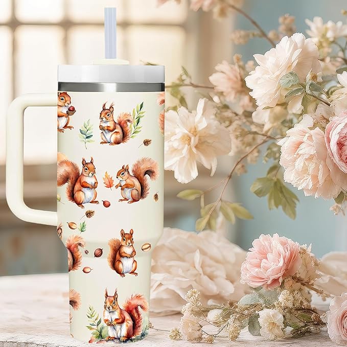 AMZUShome 40 OZ Squirrel Tumbler with Handle.Squirrel Lover Gifts.Unique Birthday Christmas Gifts for Squirrel Lover.Personalized 40 OZ Squirrel Tumbler Gifts for Women Men.
