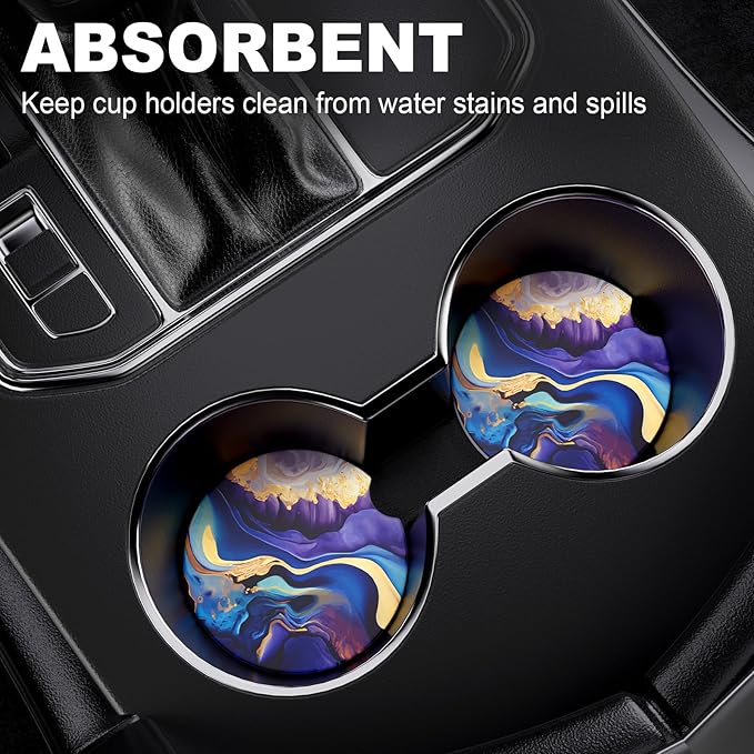 2 Pack Car Cup Holder Coasters, 2.63 inch Anti Slip Insert Absorbent Ceramic Coasters with Cork Base and Finger Notch, Cute Car Accessories Interior for Women