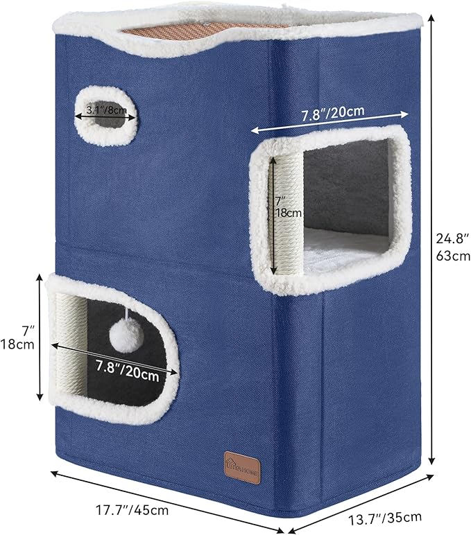 YITAHOME 2-Tier Cat House, Indoor Cat Cave Bed Playhouse, Flannel & Cool Mat, Covered Cat Beds with Scratch Pad and Hideaway Cave, Cute Modern Cat Condo Furniture for Multi Small Cats, Blue