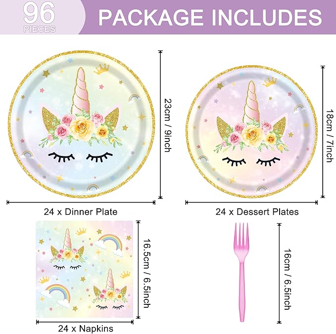 96 Pcs Birthday Plates and Napkins Party Supplies, Gold Horned Horse Disposable Forks Paper Dessert Tableware Decorations Table Dinnerware Favors Set, Serves 24