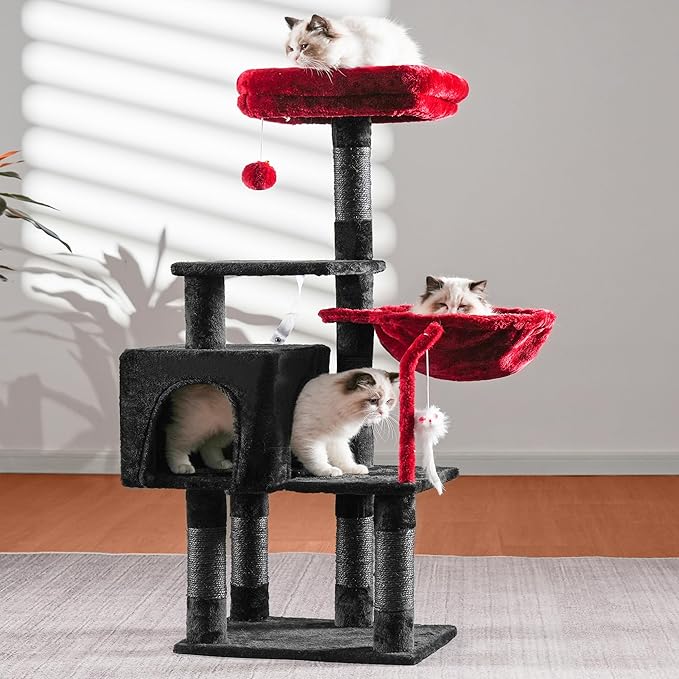 Heybly Cat Tree with Toy, Cat Tower condo for Indoor Cats, Cat House with Padded Plush Perch, Cozy Hammock and Sisal Scratching Posts, Black and Red HCT004SBR