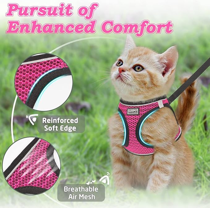 Cat Harness and Leash for Walking Escape Proof, Adjustable Kitten Vest Harness Reflective Soft Mesh Puppy Harness for Outdoor, Comfort Fit, Easy to Control (Pink, XS)