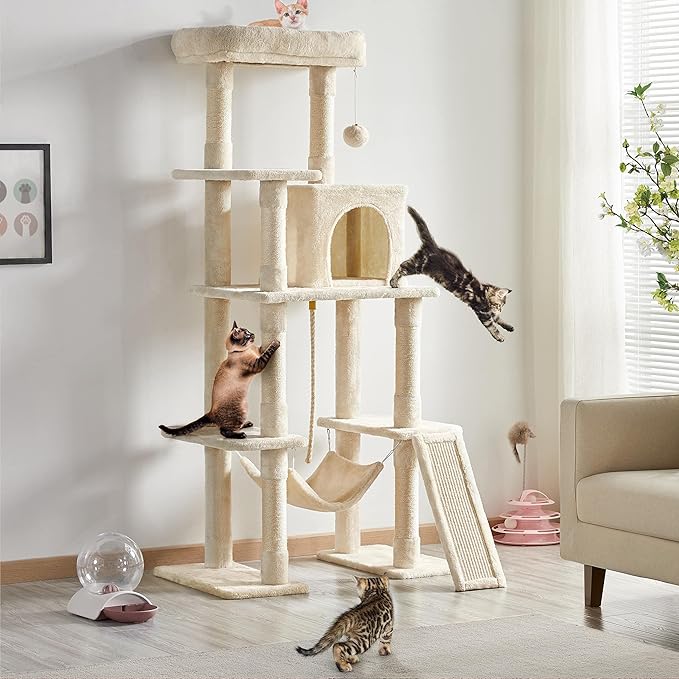Yaheetech Cat Tree, 63 Inches Multi-Level Indoor Cat Play Structure with Scratching Posts, Hammock, and Dangling Ball