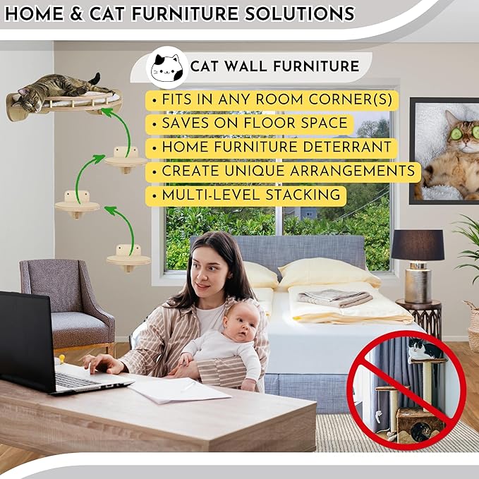 Cat Wall Shelves - Large Cat Shelves w/Pillow + 3 Wide Steps, Cat Wall Furniture, Cat Shelves for Wall, Cat Climbing Wall | Cat Shelf, Cat Wall Steps, Cat Tree, Cat Window Perch