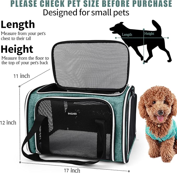 BAGLHER Pet Travel Carrier, Cat Carriers Dog Carrier for Small Medium Cats Dogs Puppies, Airline Approved Small Dog Carrier Soft Sided, Collapsible Puppy Carrier. Green